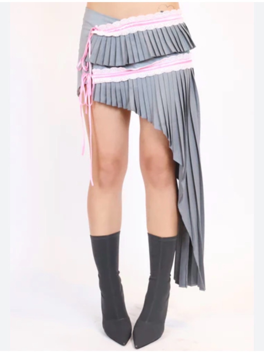 JC THE LABEL Ladies Gray Pleated Mini Pink Lace Trim Asymmetrical Skirt-S